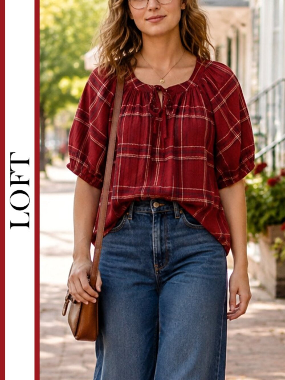 LOFT | Plaid Tie-Neck Puff Sleeve Blouse
